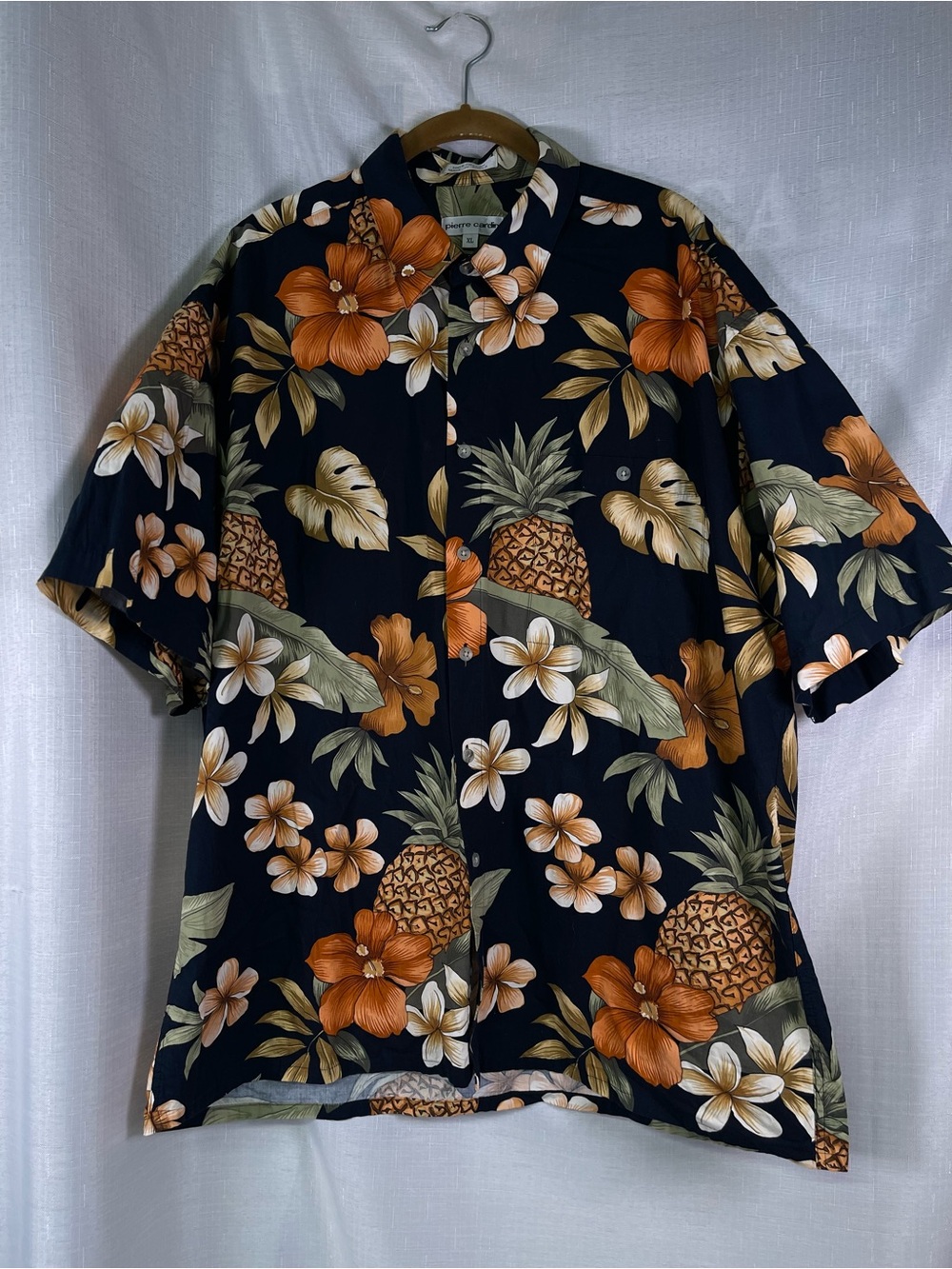 Pierre Cardin Black Button-Down Hawaiian Shirt with Orange & Cream Floral Print